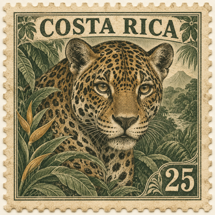 Estampilla de Costa Rica con un jaguar grabado